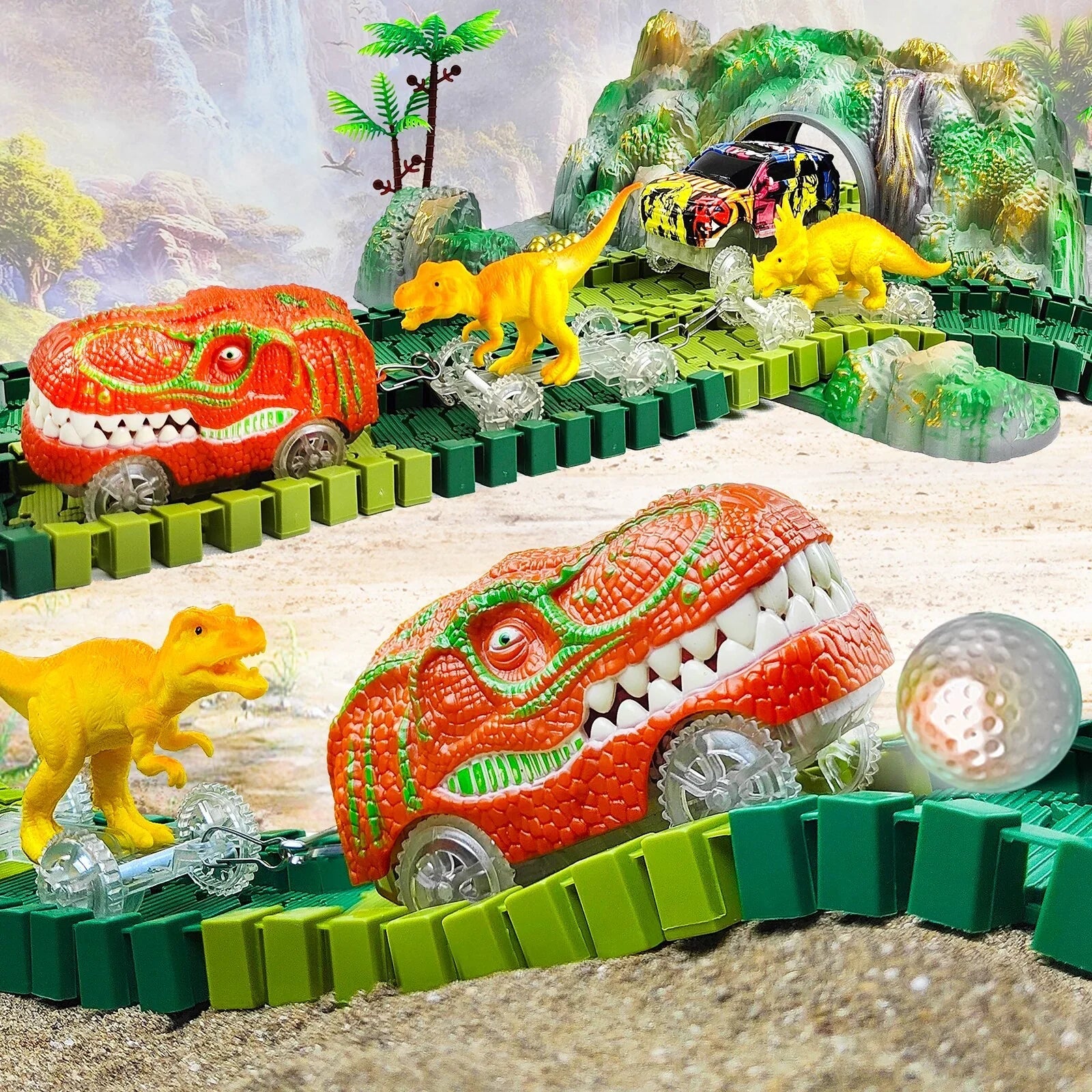 Dino-Eisenbahn mit Rennstrecke für Kinder | 178 Teile Zug-Set