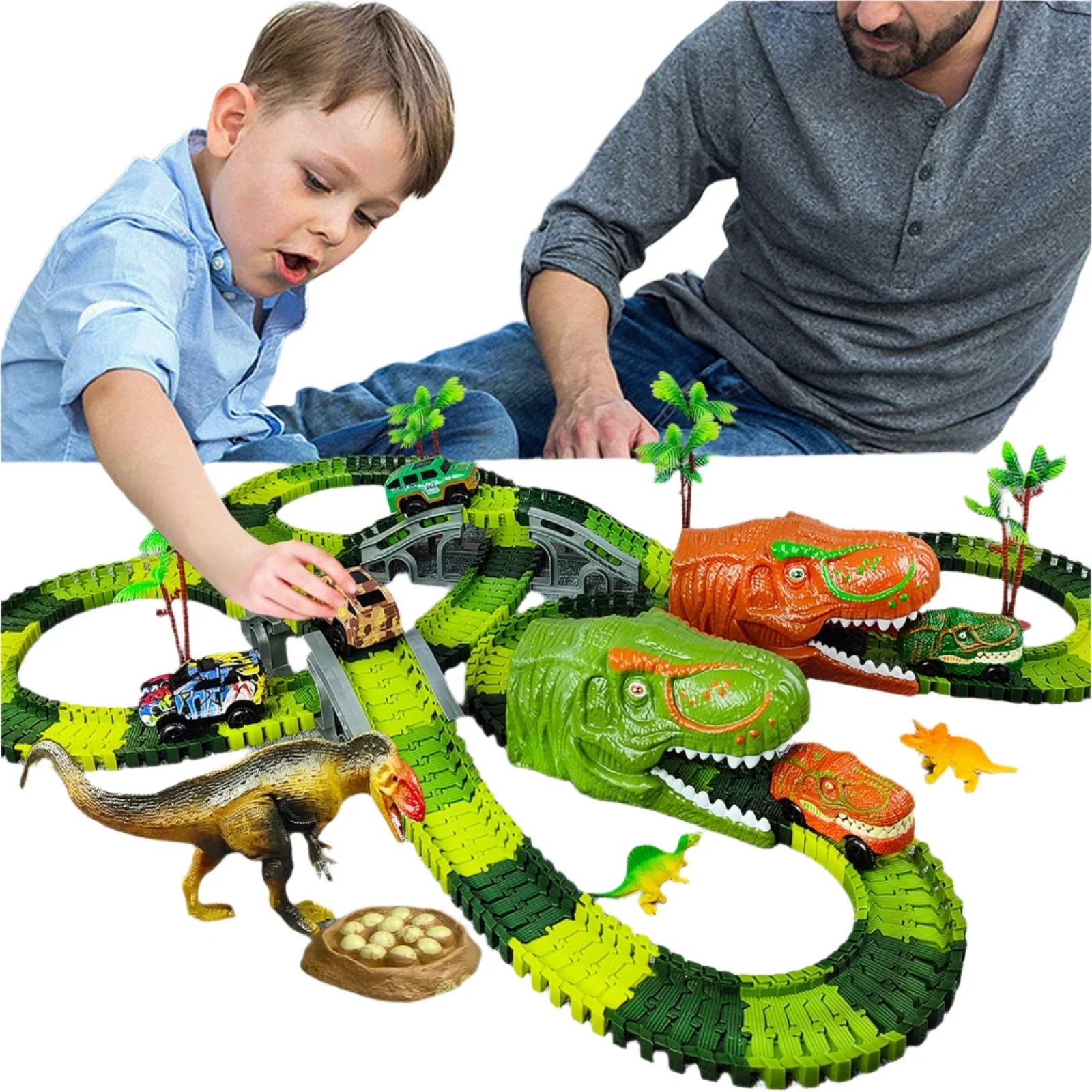 Dino-Eisenbahn mit Rennstrecke für Kinder | 178 Teile Zug-Set