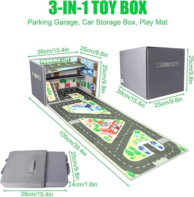 Auto-Aufbewahrungsbox mit Parkgarage und Spielmatte, inkl. 20 Autos