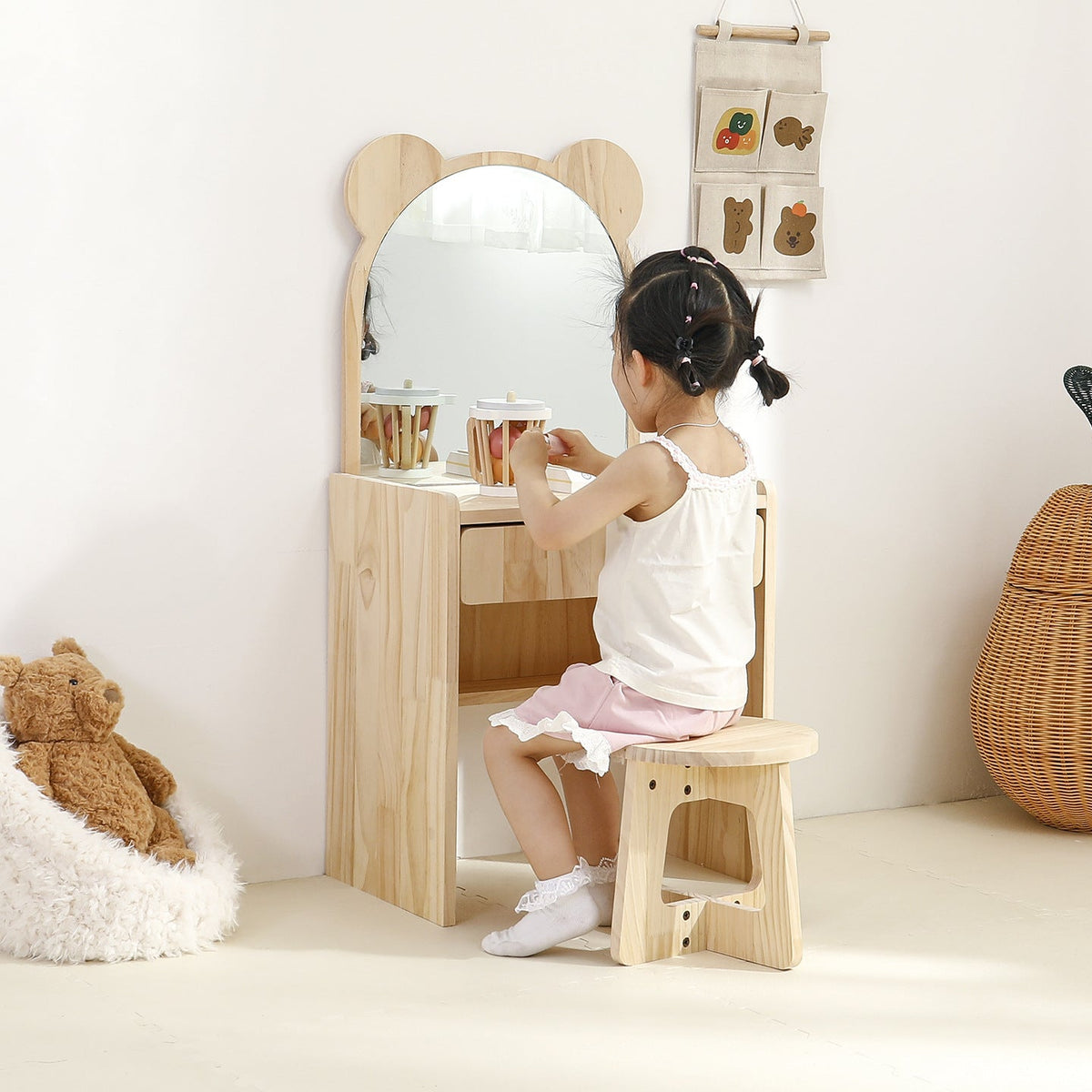 Kinder Schminktisch aus Kiefernholz mit Hocker