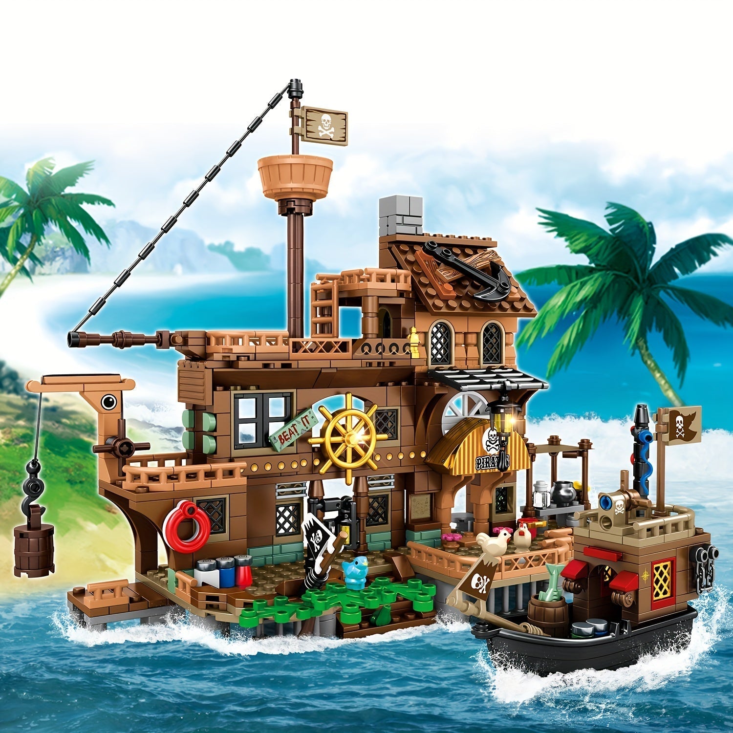Piratenschiff Spielset für Kinder | Bausteine mit Hafen CaptainQuest