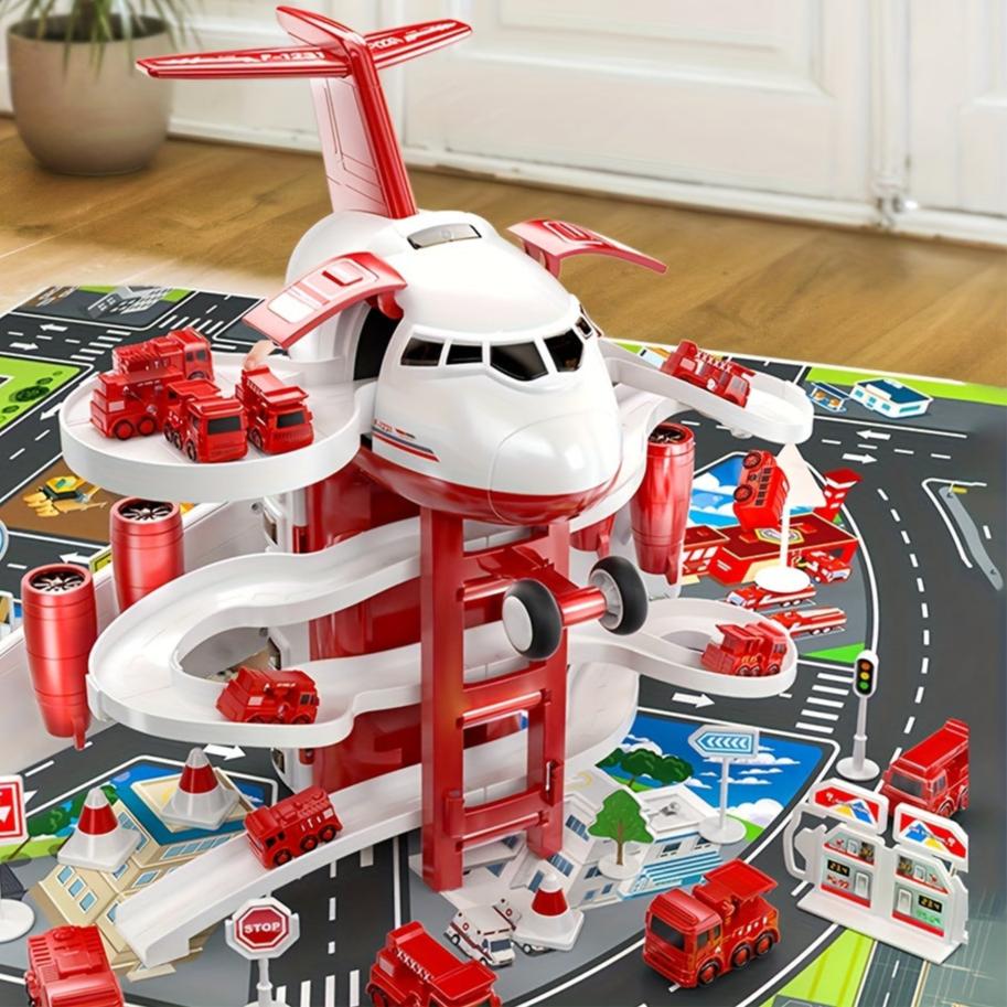 SkyRescue | Abenteuerlicher Spielspaß – Flugzeug- und Feuerwehrwagen-Spielset mit Spielmatte