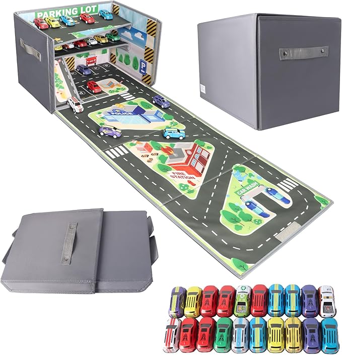 Auto-Aufbewahrungsbox mit Parkgarage und Spielmatte, inkl. 20 Autos