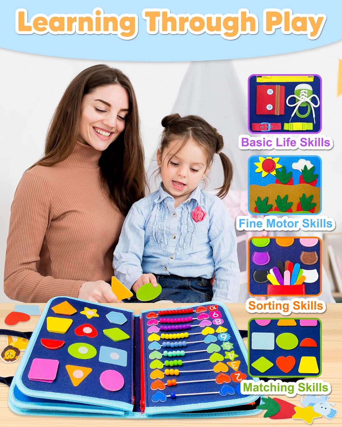 Montessori Filz-Lernbrett für Kinder | 8-in-1 Busy Board