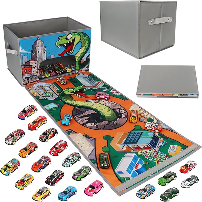 Auto-Aufbewahrungsbox mit Parkgarage und Spielmatte, inkl. 20 Autos