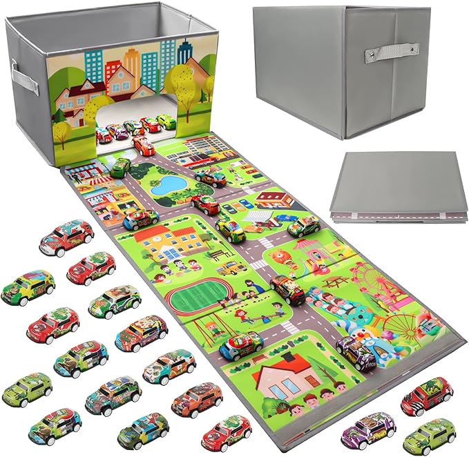 Auto-Aufbewahrungsbox mit Parkgarage und Spielmatte, inkl. 20 Autos