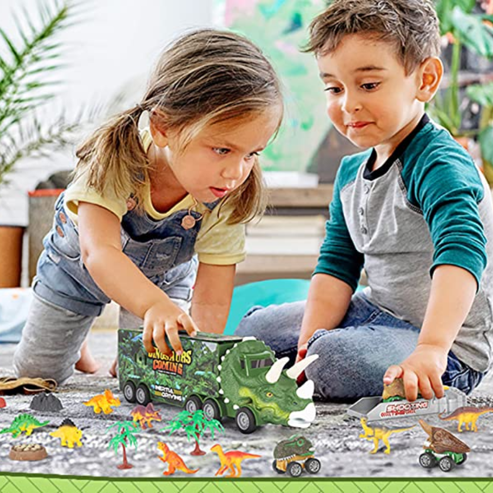DinoKing Dinosaurier Transporter mit Figuren für Kinder | Beschäftigt Kinder selbstständig