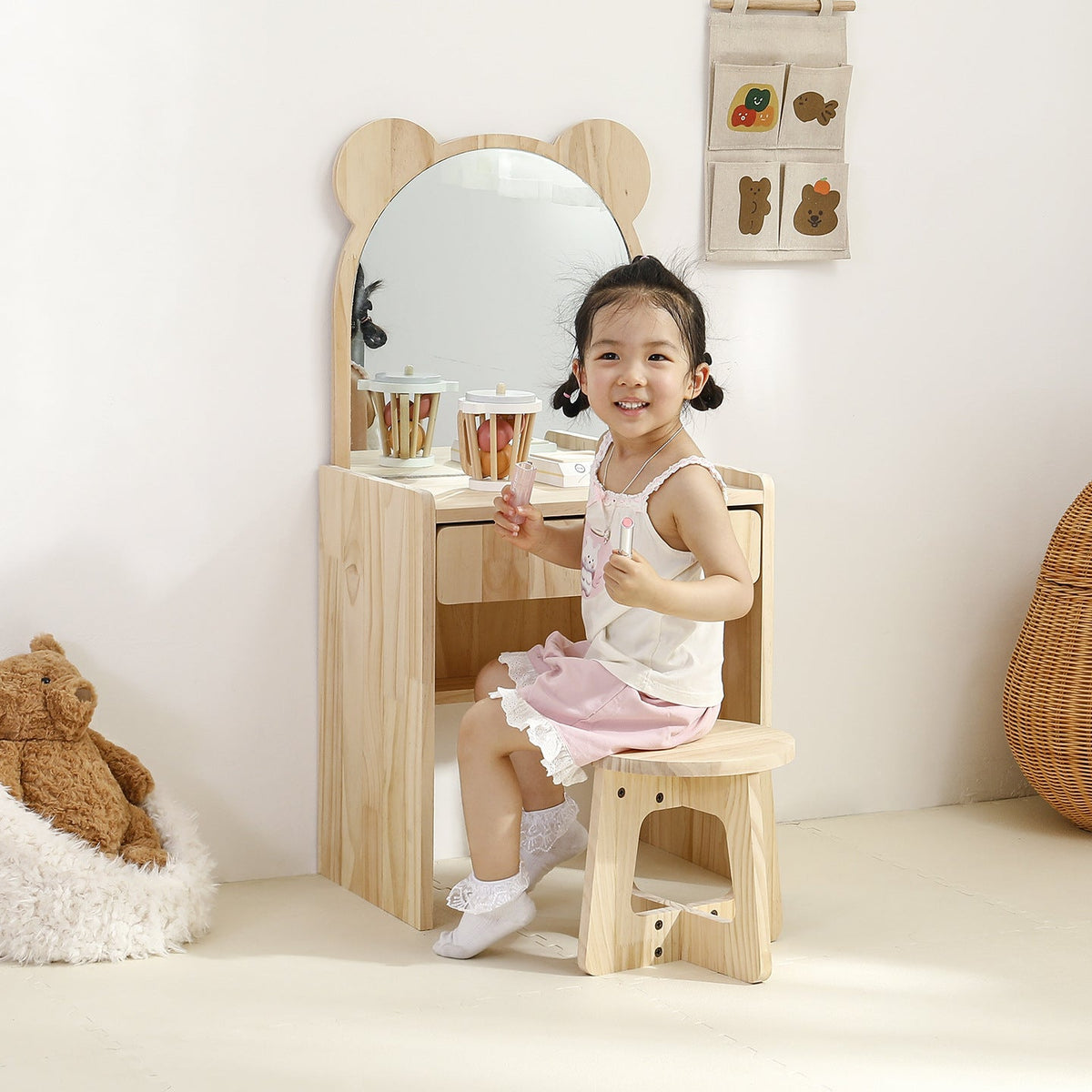 Kinder Schminktisch aus Kiefernholz mit Hocker