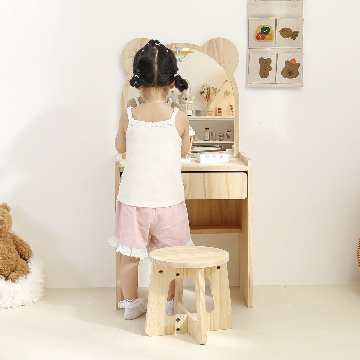 Kinder Schminktisch aus Kiefernholz mit Hocker