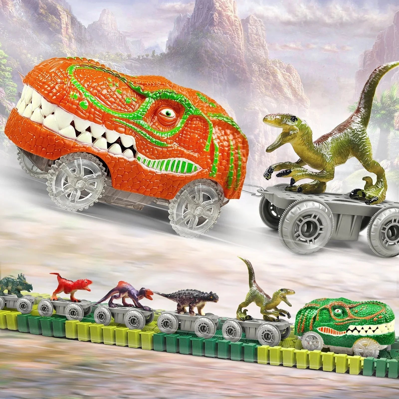 Dino-Eisenbahn mit Rennstrecke für Kinder | 178 Teile Zug-Set