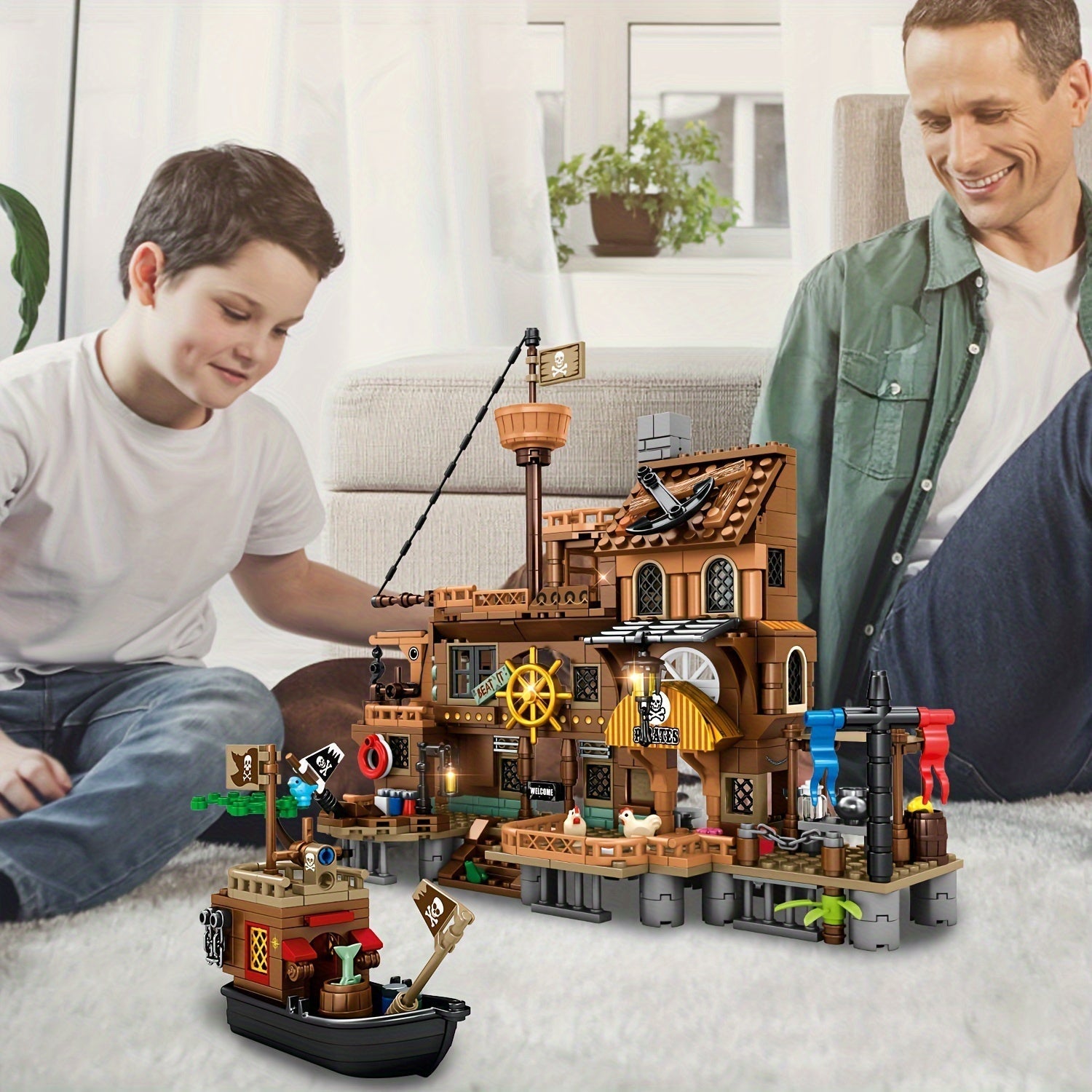 Piratenschiff Spielset für Kinder | Bausteine mit Hafen CaptainQuest