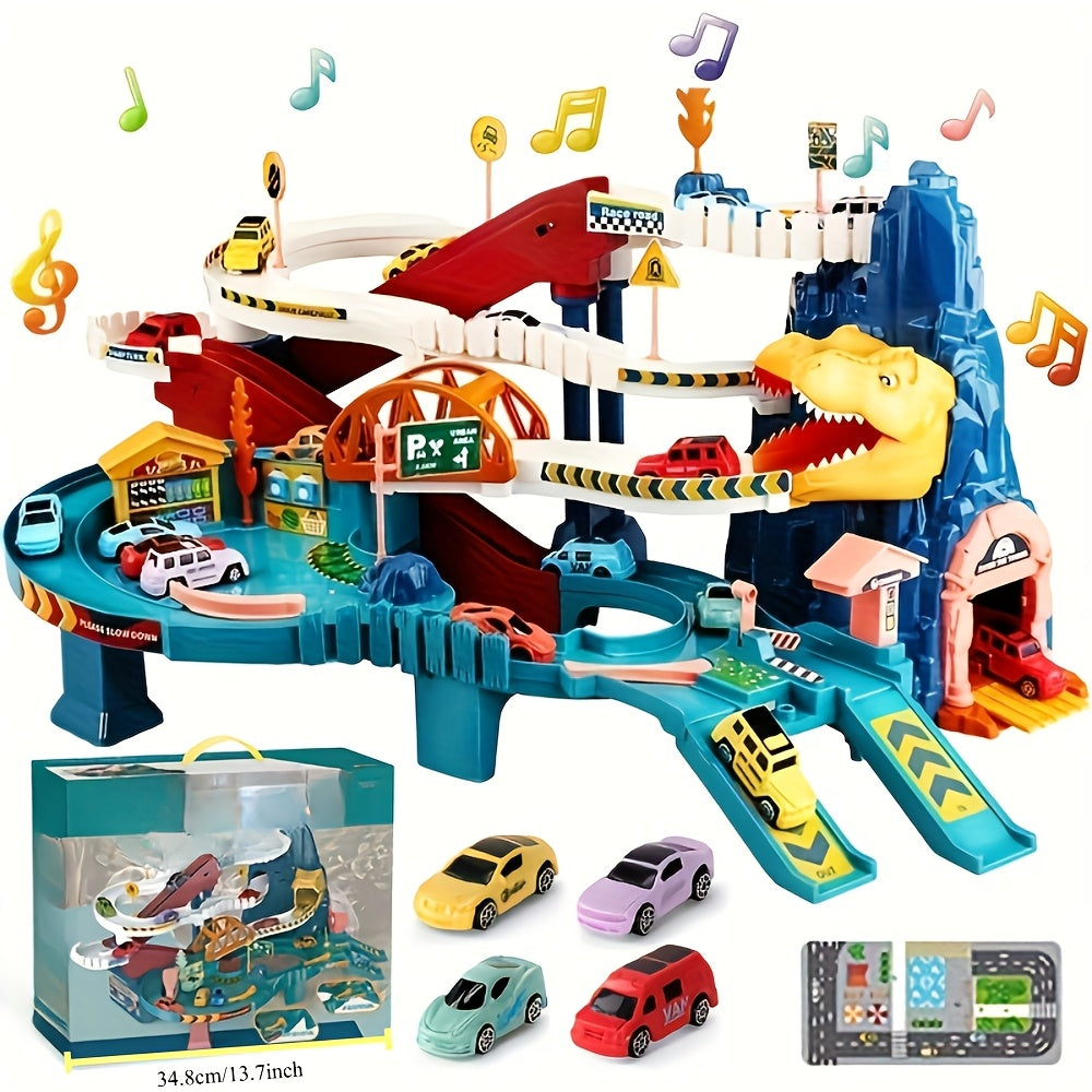 DinoRush | Spannendes prähistorisches Abenteuer - Dinosaurier-Spielset mit Rennbahn und Bergstrecke